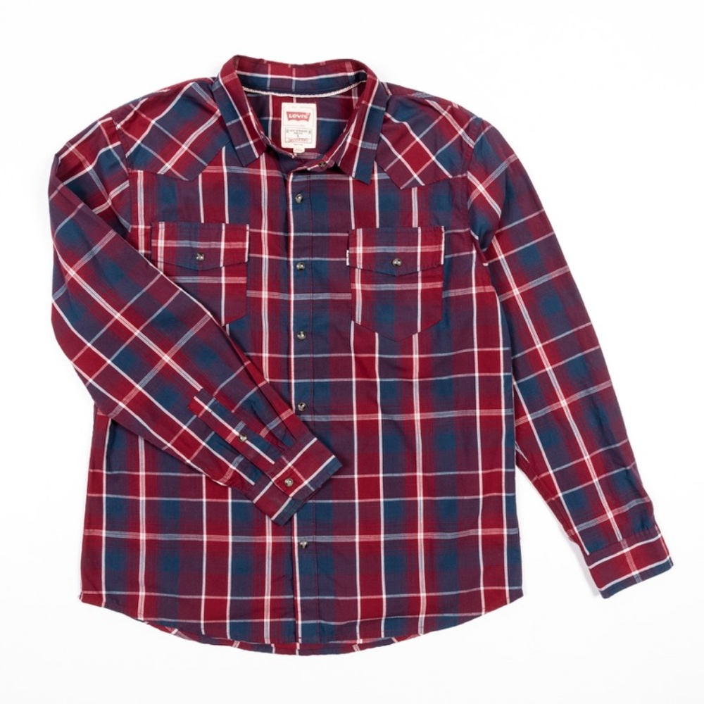 Levi's Men’s Western Shirt Red Plaid Pearl Snap Modern Fit Large NWOT